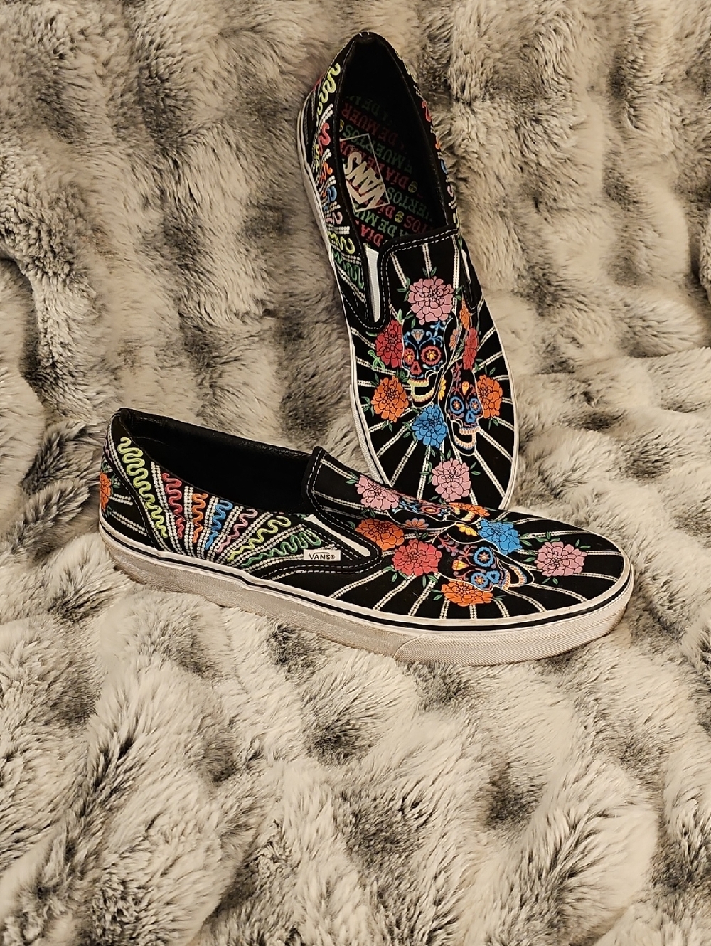 Vans Black Slip-On Mules with Multicolor Floral Skull Dia De Las Muertos